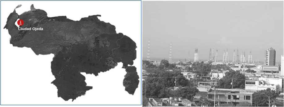 C:\Users\Alexis Romero S\OneDrive\Desktop\Figura 1. Ubicación de Ciudad Ojeda en el mapa territorial de Venezuela. Perfil urbano con instalaciones petroleras actuales. Fuente. Mapa de Andarcia, Morillo y Salas (2025). Fotografía de Salas d.jpg